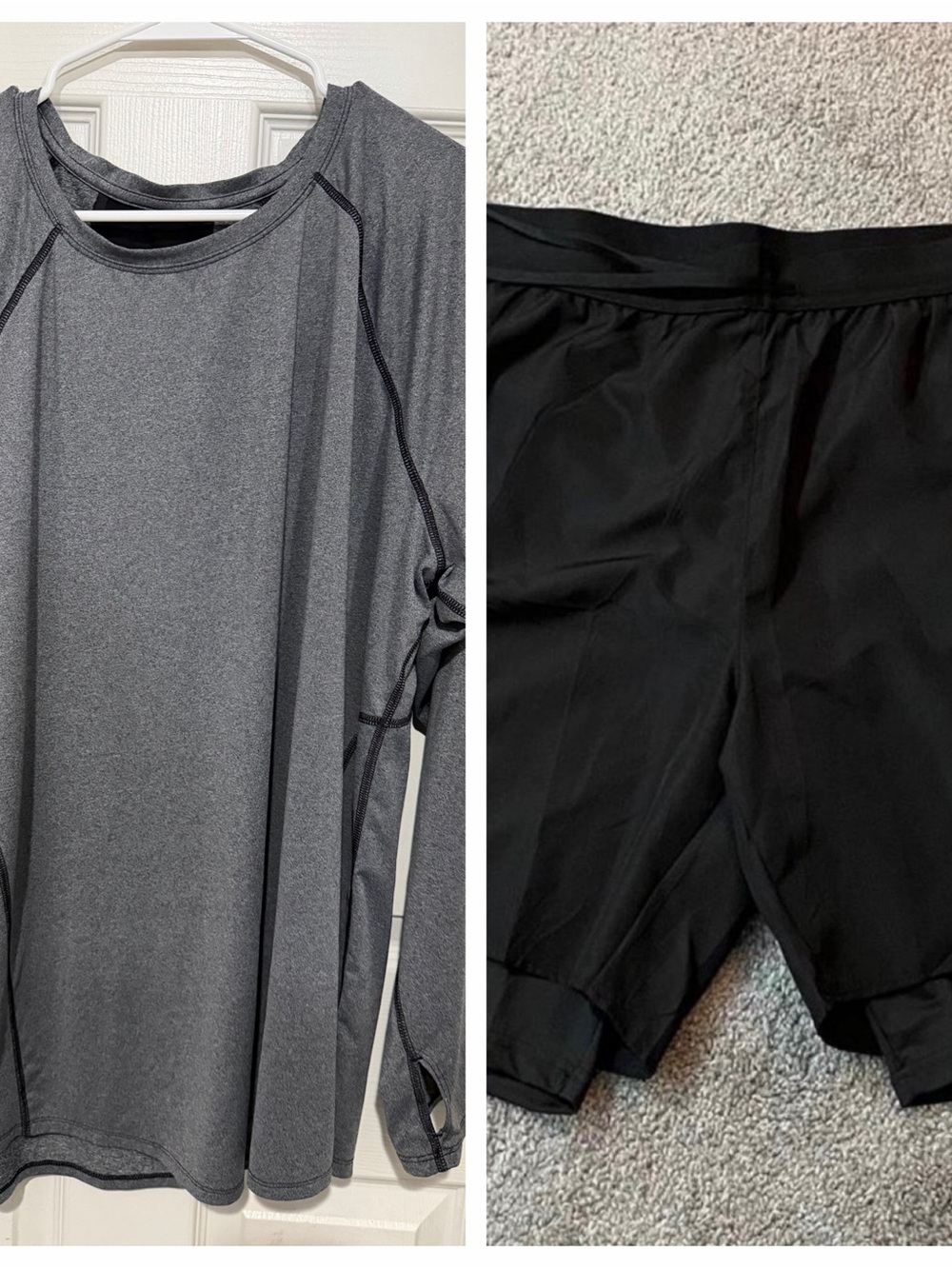 Outfit: Black Athletic Shorts and grey workout top